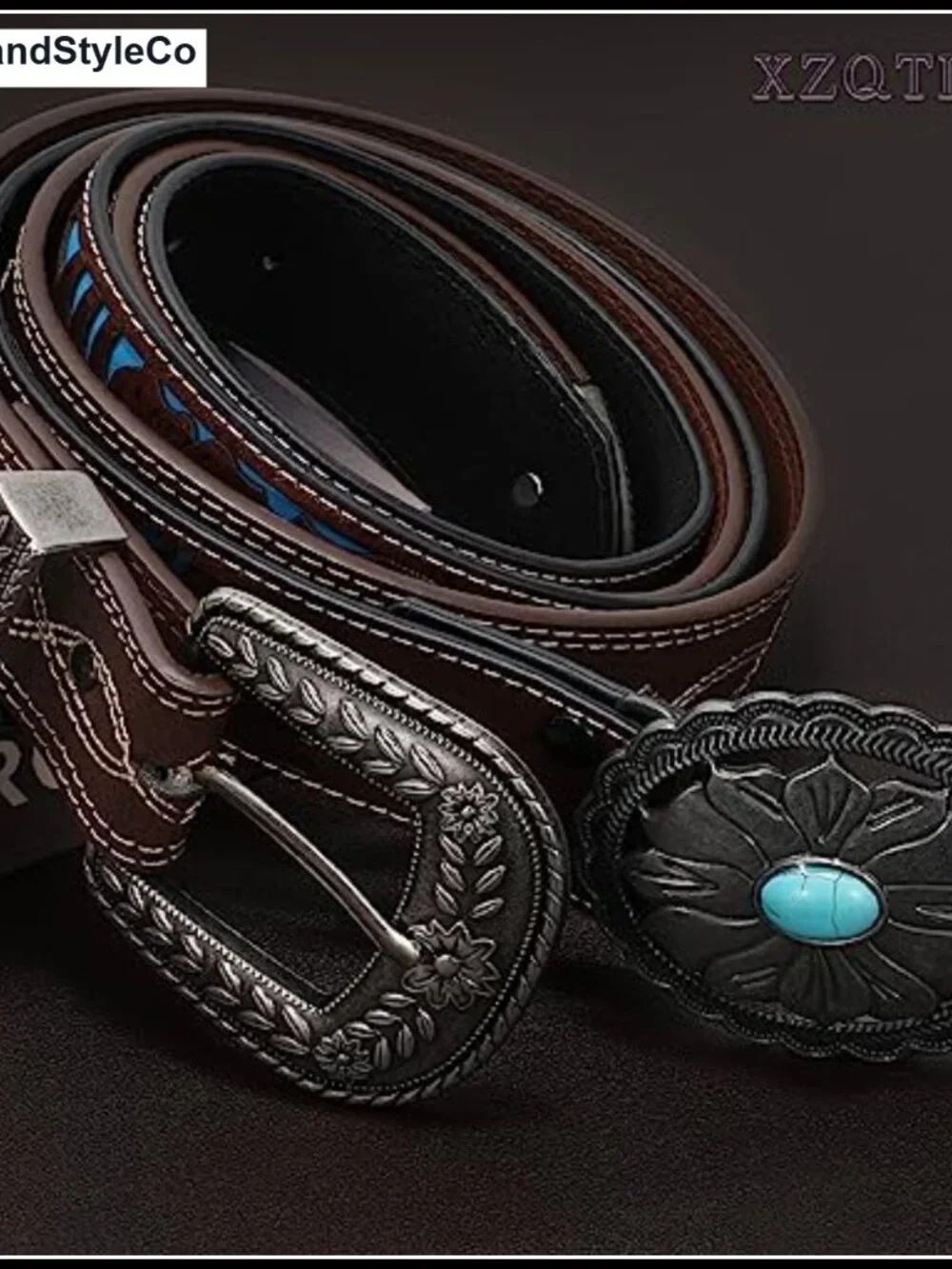 Genuine Leather Western Belt Vintage Tooled Cowboy Belt Interchangeable Buckle